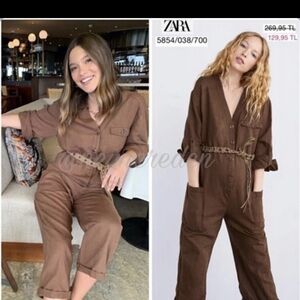 Zara Brown Utility Jumpsuit with Leopard Belt
